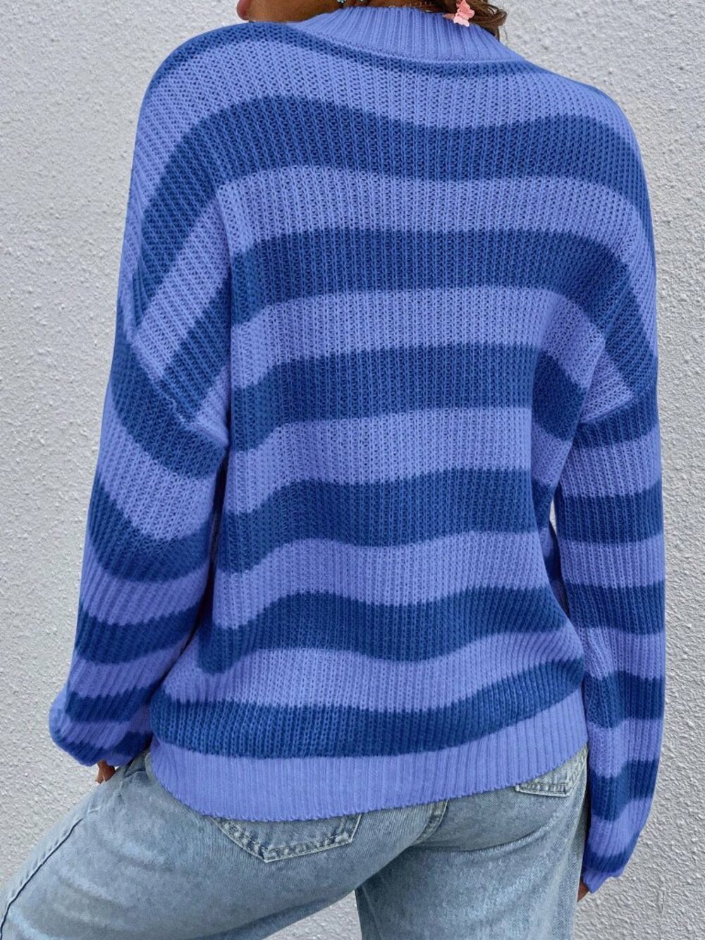 Blue Casual Women's Striped Drop Shoulder Sweater - Picture 2 of 7